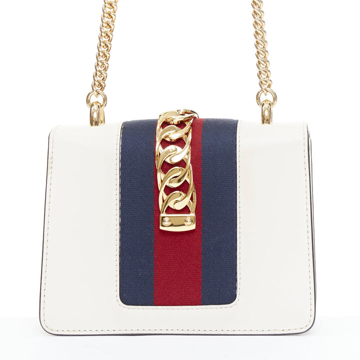 GUCCI Small Sylvie white calf leather navy red web stripe chain shoulder bag