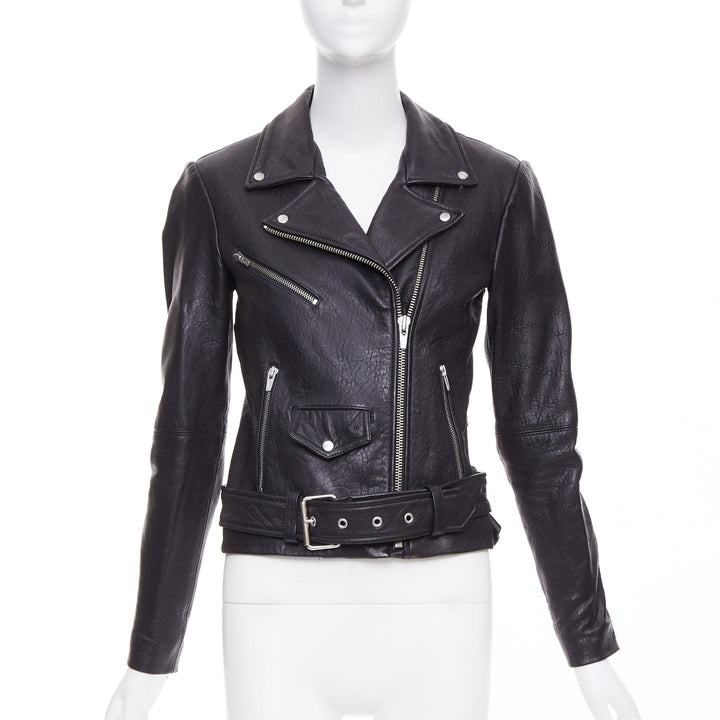 VEDA black lamb leather silver hardware zip moto biker jacket XS