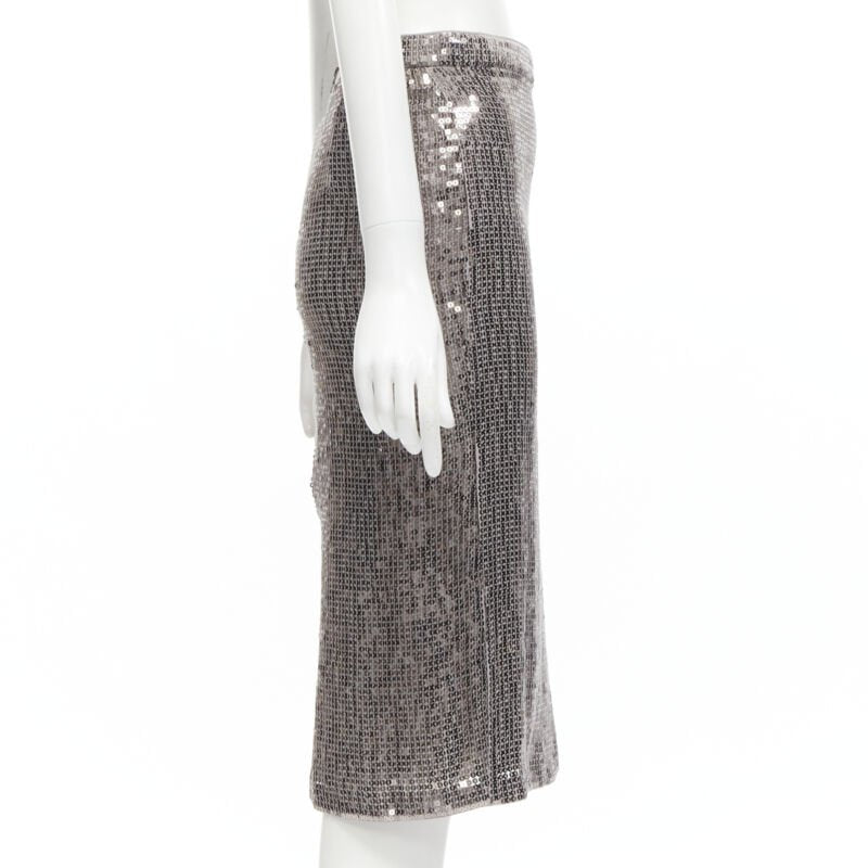 ALICE OLIVIA silver metallic sequins back slit knee length pencil skirt US0 XS