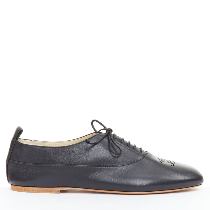 CELINE Lise Triomphe Richelieu black smooth perforated flat sole loafers EU39