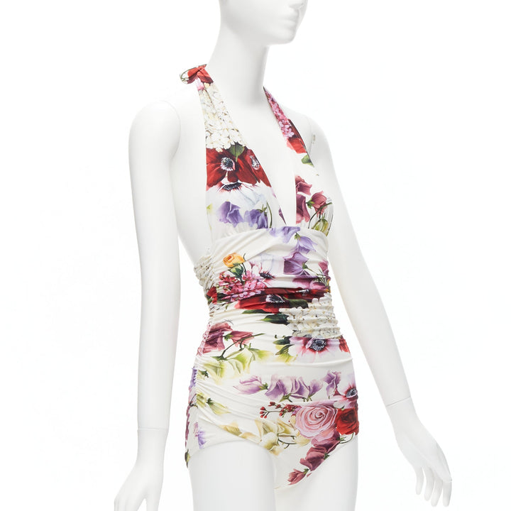 DOLCE GABBANA Beachwear red rose floral print halter ruched one piece swimsuit S