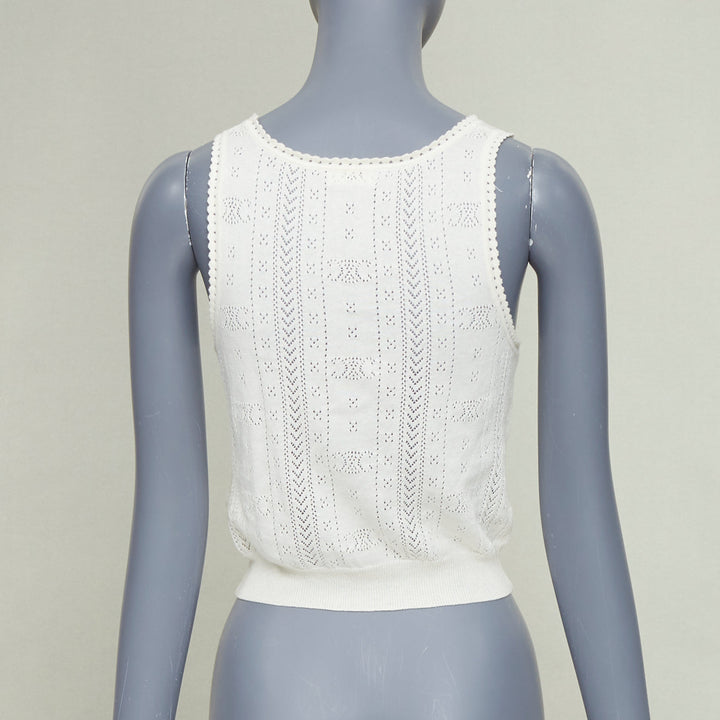 CELINE 2022 Triomphe Logo off white cotton pointelle knit cropped tank top S