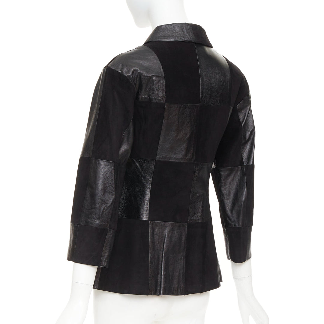 CHANEL Vintage black leather suede checkered patchwork CC blazer jacket