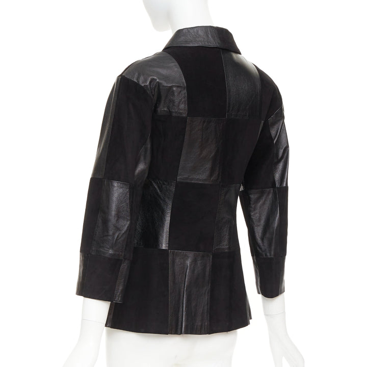 CHANEL Vintage black leather suede checkered patchwork CC blazer jacket