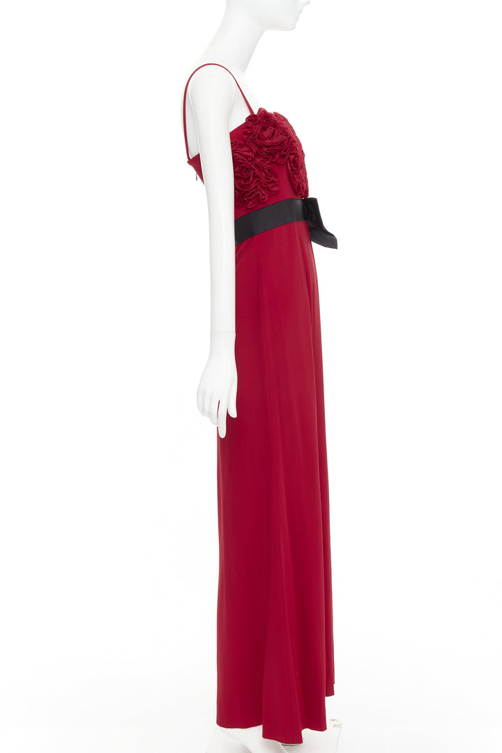 VALENTINO red Rosette ruffle boned bust black bow belt midi gown IT40 S