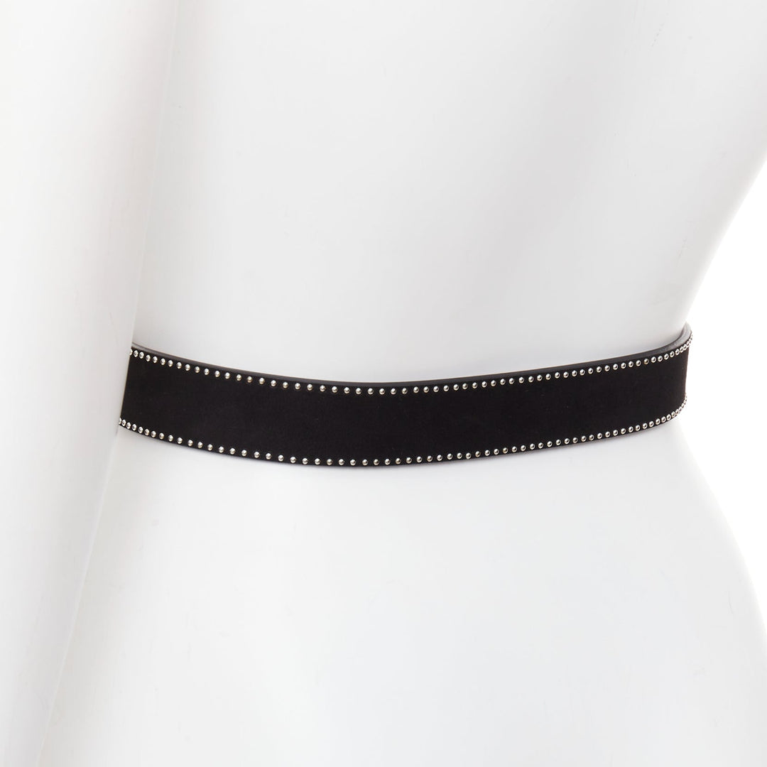ALAIA black suede leather silver mini dome studded buckled belt 65cm