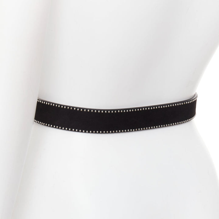 ALAIA black suede leather silver mini dome studded buckled belt 65cm