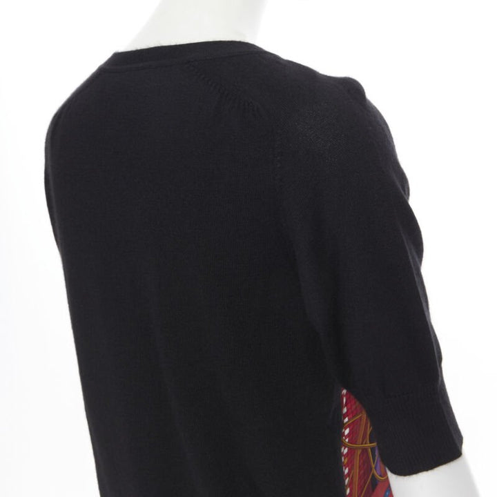 HERMES PARIS signature silk print front black cashmere knit V-neck sweater Fr34