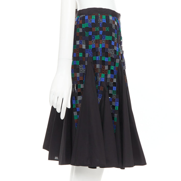 SACAI 2016 blue green square eyelet embroidery cotton blend flared skirt JP1 S