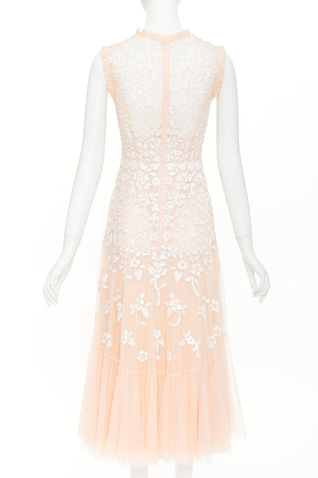 NEEDLE & THREAD Bridal blush pink white sequin ruffle edge midi dress UK8 S