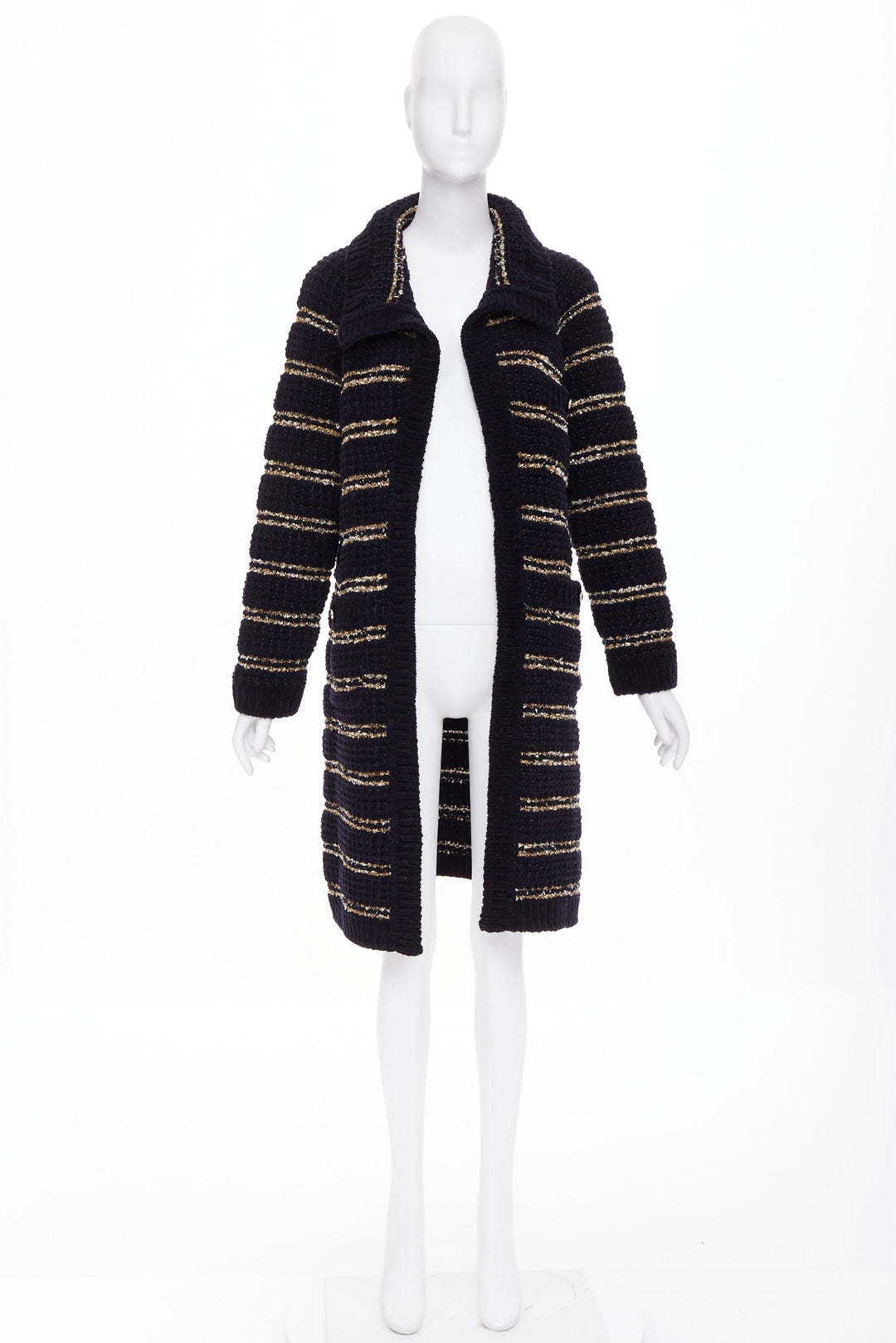 CHANEL 20A Runway navy gold wool blend tweed striped knit cardigan coat FR34 XS