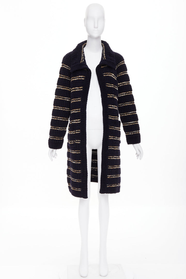 CHANEL 20A Runway navy gold wool blend tweed striped knit cardigan coat FR34 XS