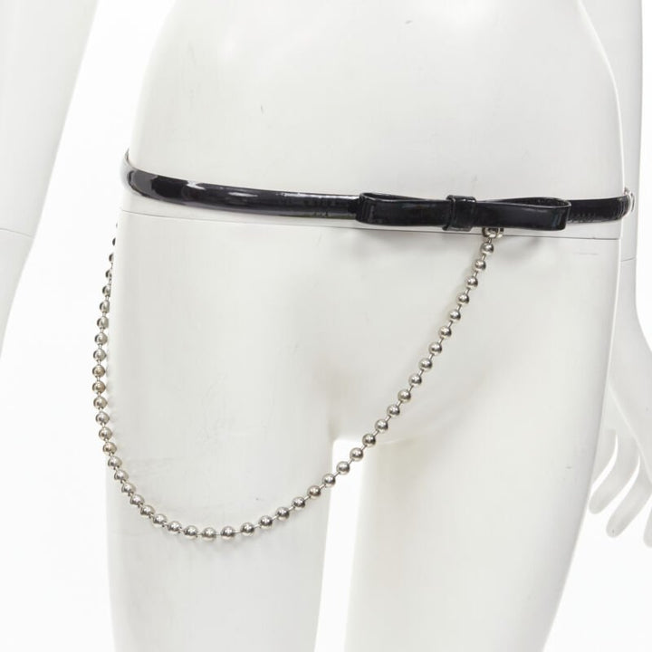 DSQUARED2 Vintage black patent leather bow silver ball chain belt S