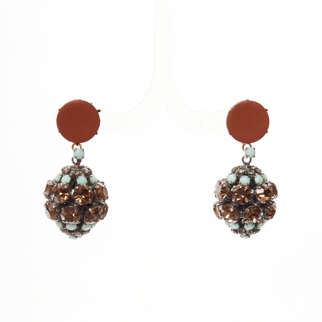 MARNI blue crystal drop ball brown leather dangling clip on earrings