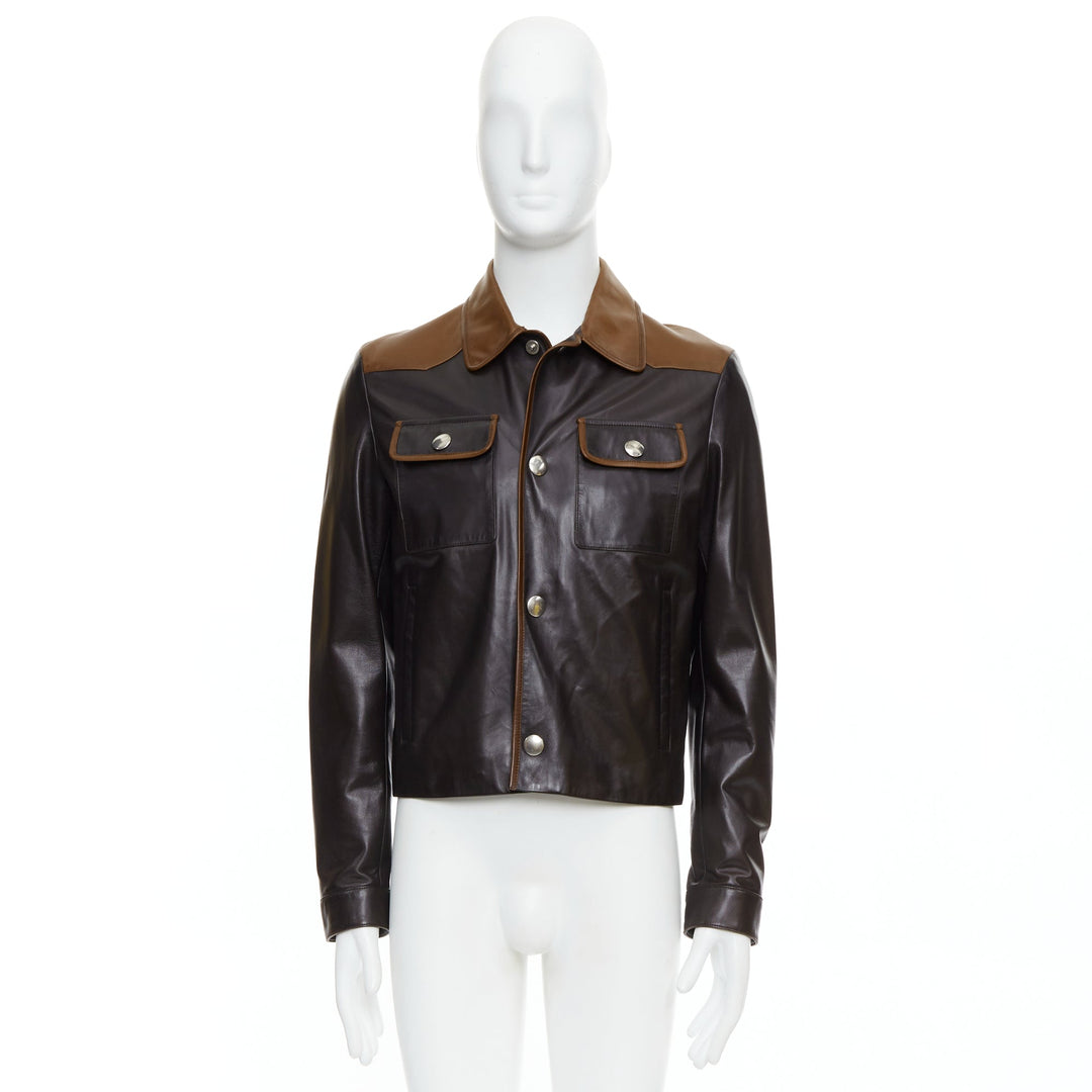 PRADA 2014 Runway brown tan bicolor lambskin pocket cropped jacket IT48 M