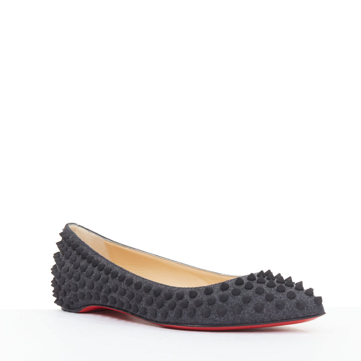 CHRISTIAN LOUBOUTIN Pigalle Spikes Flat grey flannel studded ballerina EU37.5