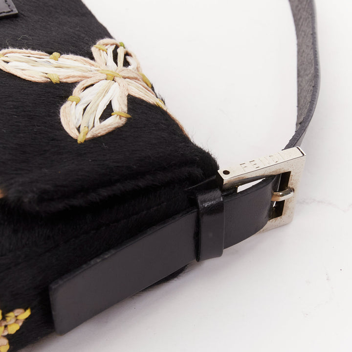 FENDI Baguette black pony hair FF logo buckle white embellished underarm bag