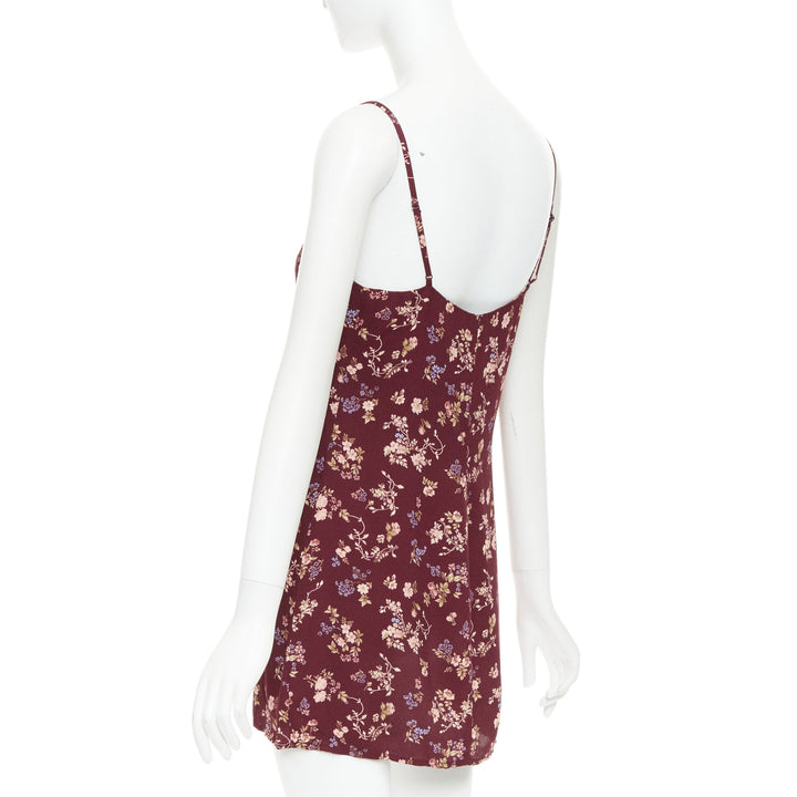 REFORMATION Marlowe burgundy viscose floral print high slit mini dress US0 XS