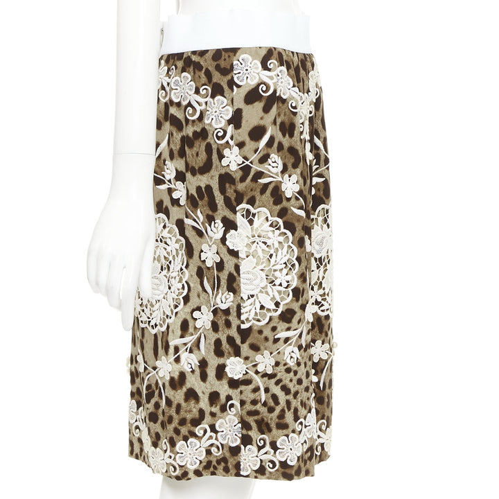 DOLCE GABBANA brown silk leopard print cream anglais embroidery skirt IT40 S