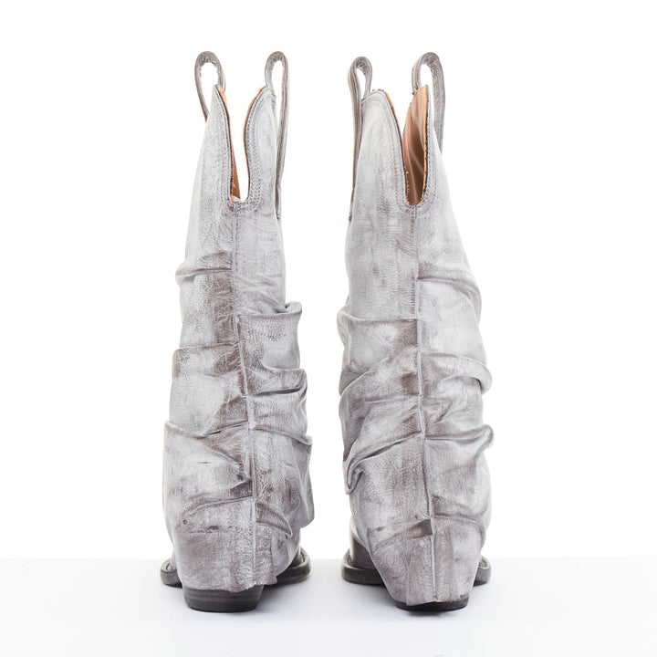 R13 Distressed Low Rider Cowboy grey washed leather slouchy mid calf boots EU38