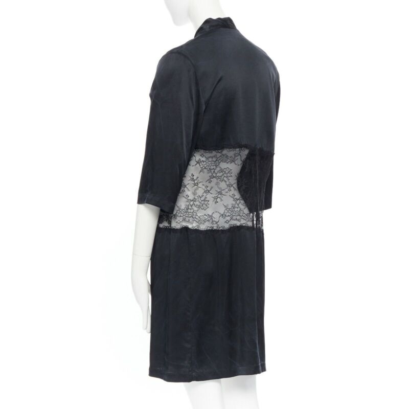 PRESENT LONDON black 100% silk floral lace panel lingerie short kimono robe UK8