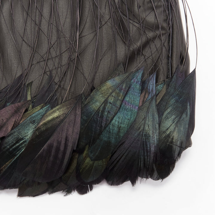 rare LALIQUE black green feather black satin top handle clutch bag