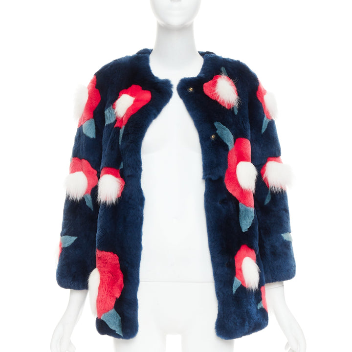 YVES SALOMON KIDS navy rabbit mink floral patchwork coat Yr10 XS