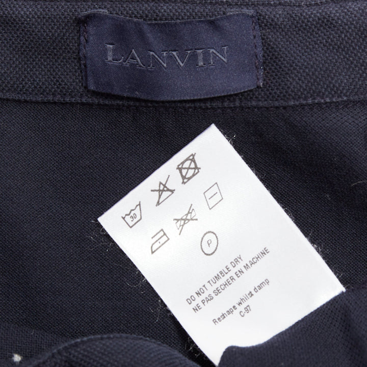 LANVIN navy cotton black grosgrain collar trim short polo shirt M