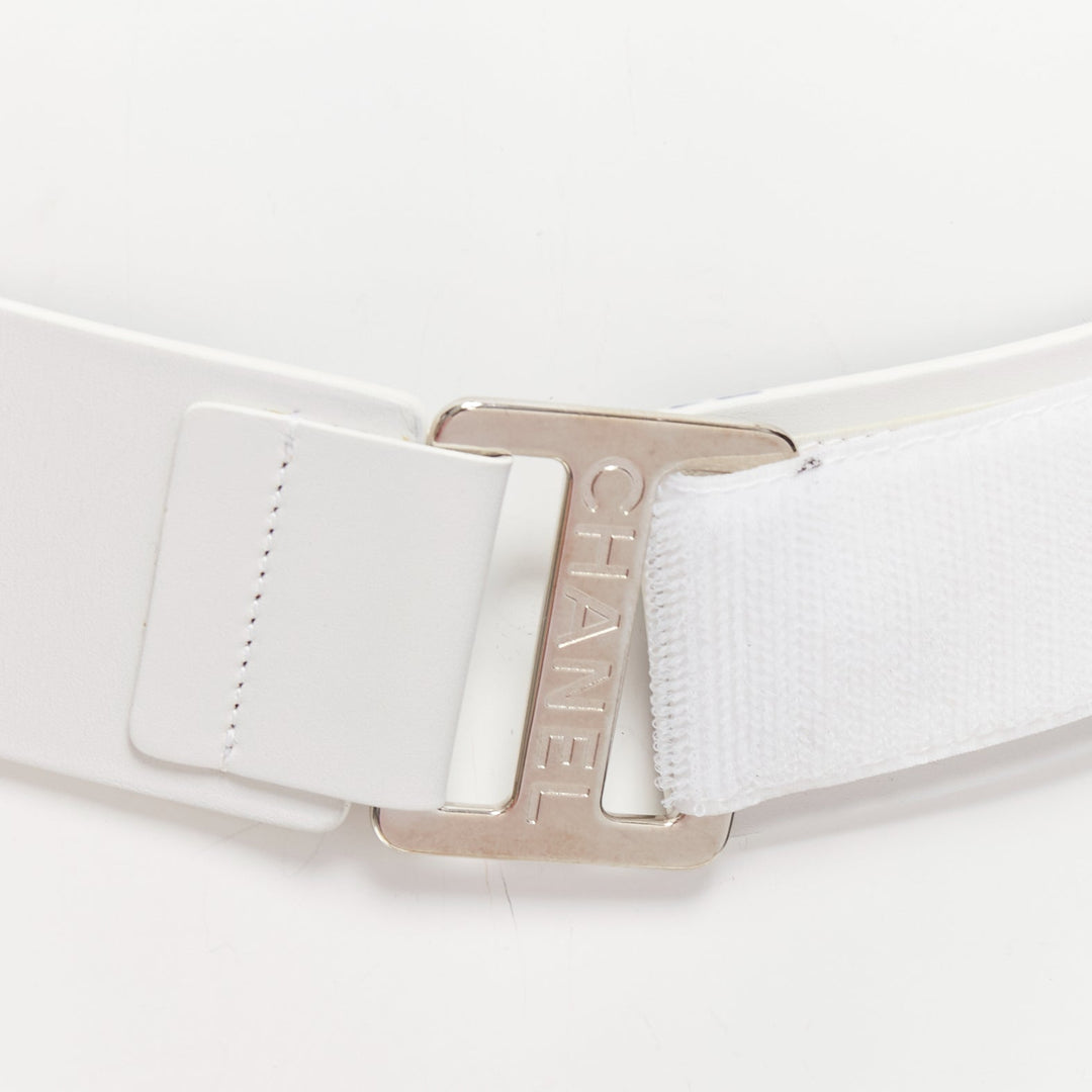 CHANEL B17S white smooth leather silver logo magic tape wide belt 70cm