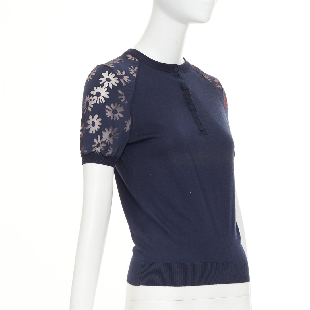 NINA RICCI navy viscose cotton sheer floral sleeve henley pullover sweater S
