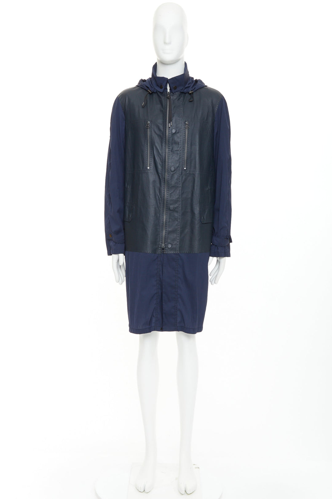 LANVIN black leather panels navy lightweight nylon anorak coat FR48 M