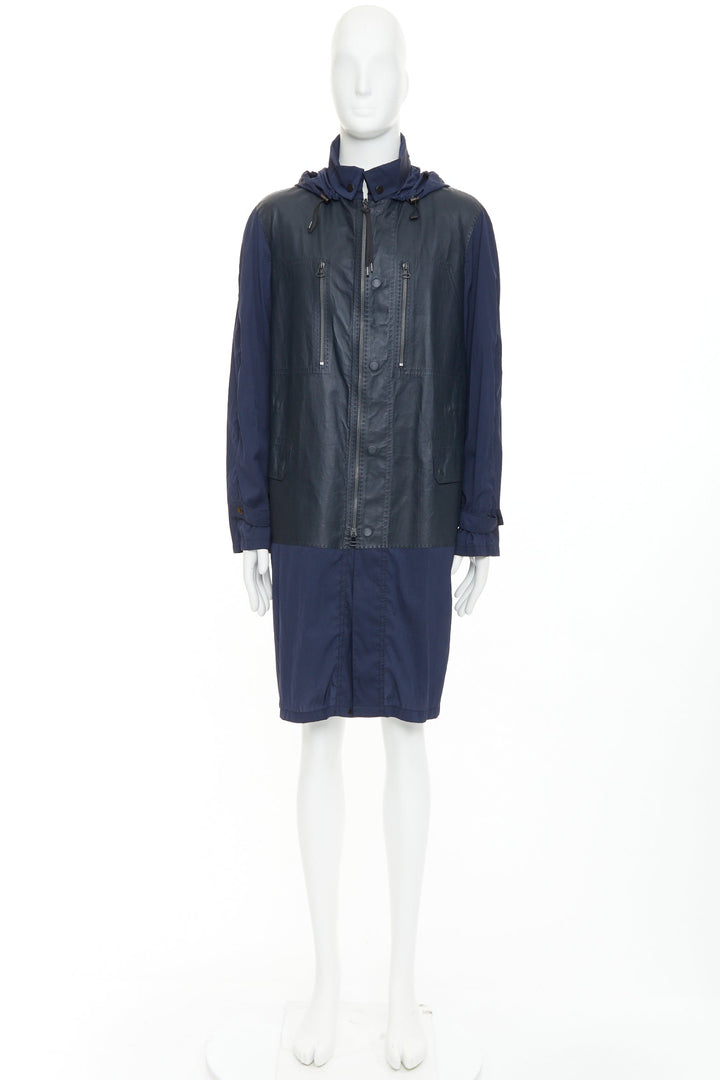 LANVIN black leather panels navy lightweight nylon anorak coat FR48 M