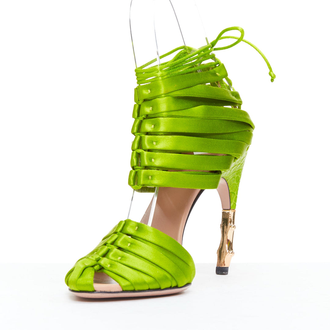 GUCCI Tom Ford 2004 Runway green satin corset gold bamboo sandal EU36C