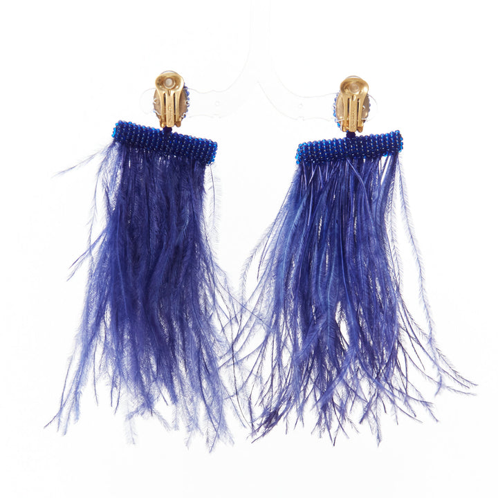 OSCAR DE LA RENTA blue ostrich feather beaded statement clip on earrings pair