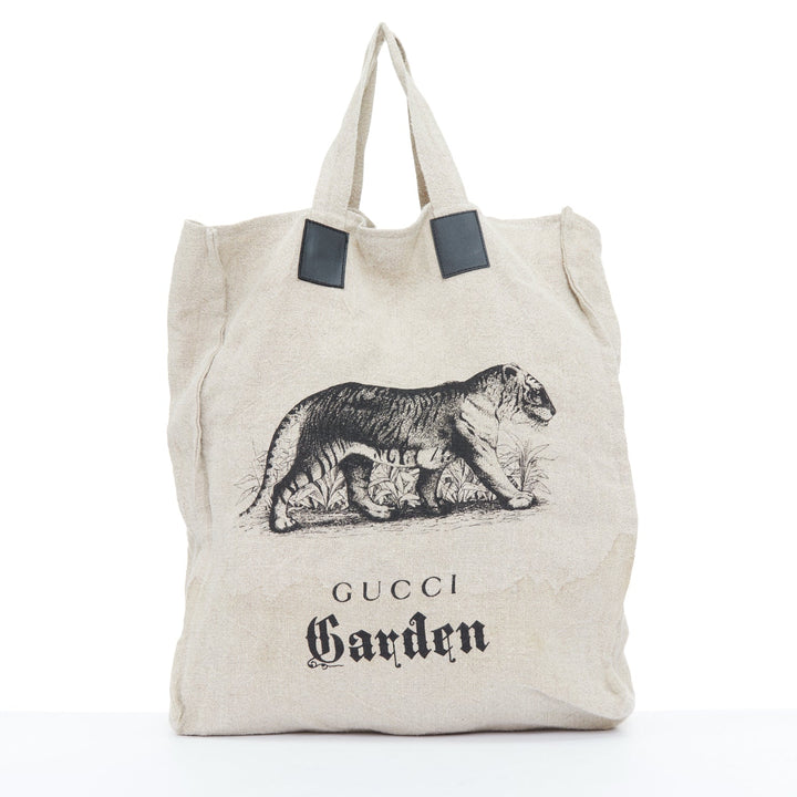 GUCCI Garden black tiger print beige linen canvas leather trim large tote bag