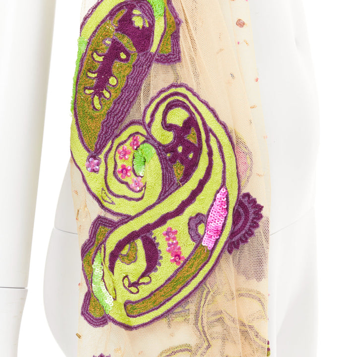 ETRO nude mesh green purple embroidered embellished beaded chain scarf