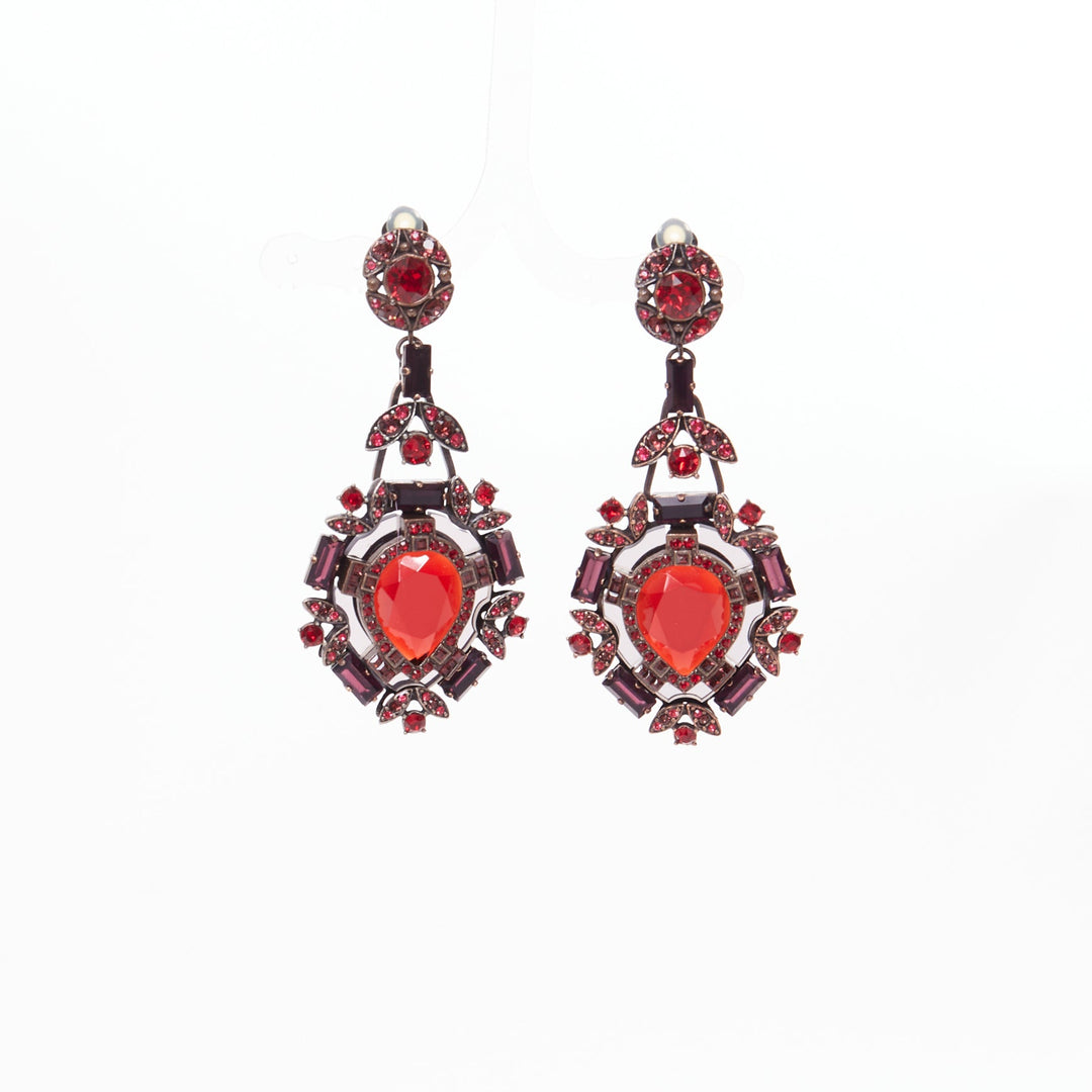 LANVIN Alber Elbaz red crystal rhinestone teardrop statement clip earrings pair