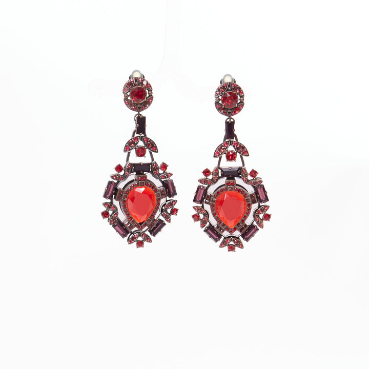 LANVIN Alber Elbaz red crystal rhinestone teardrop statement clip earrings pair