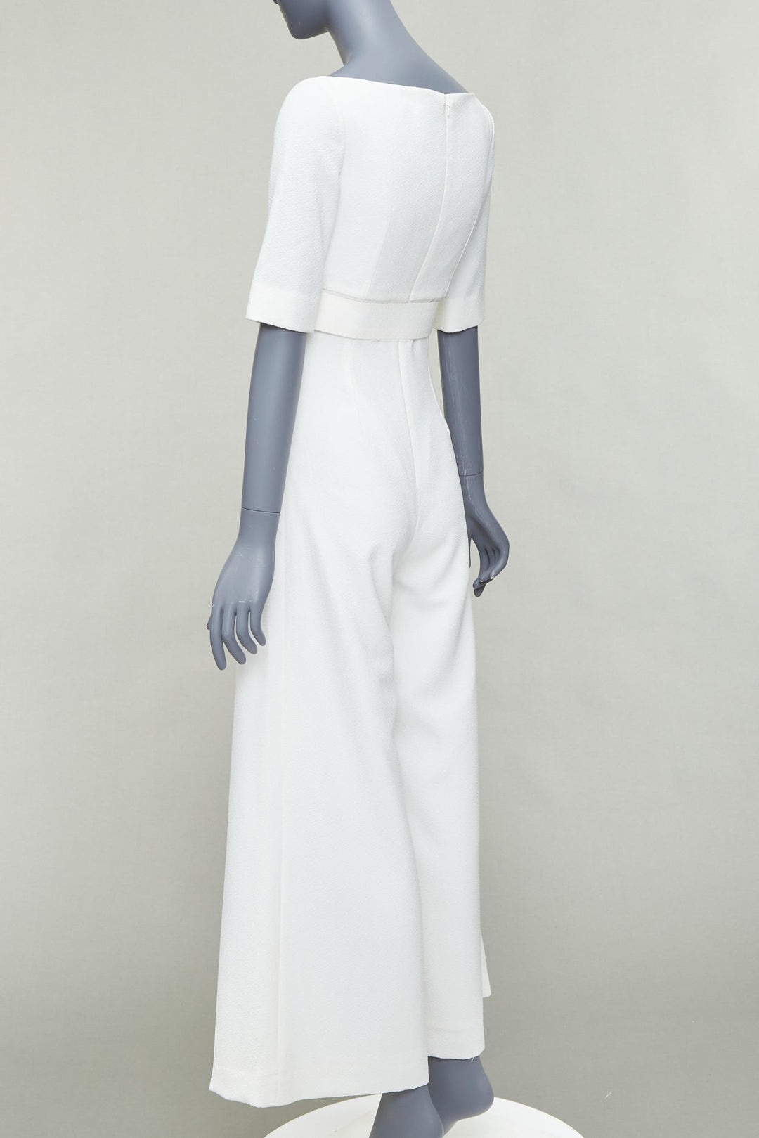 EMILIA WICKSTEAD cream cloque wide leg v neck belted jumpsuit UK8 S