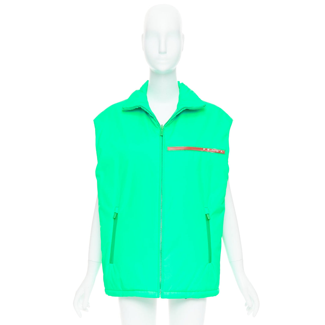 PRADA 2018 Linea Rossa Primaloft neon green nylon red logo puffer vest S