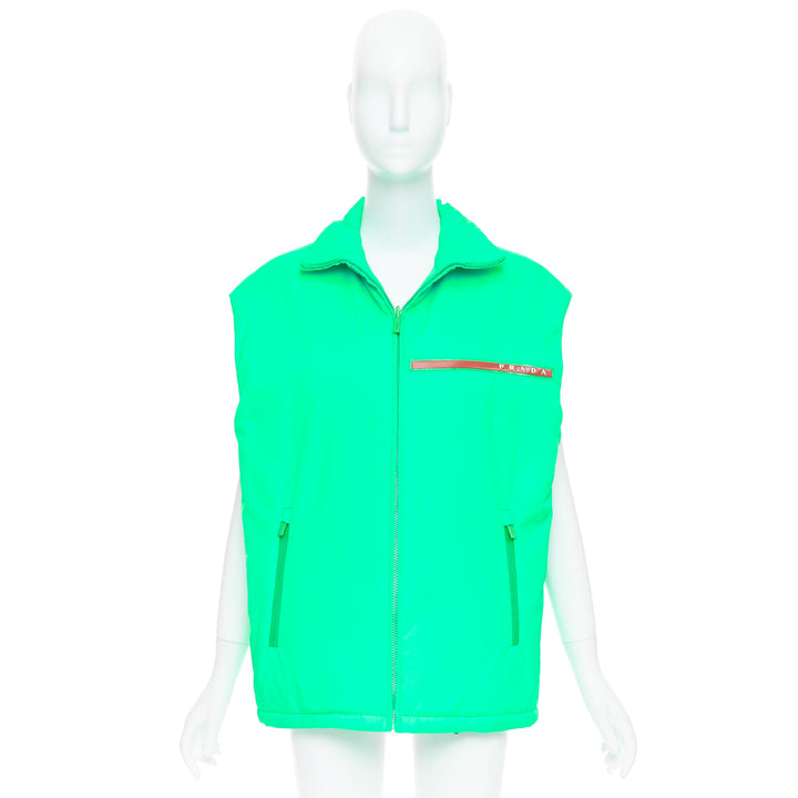 PRADA 2018 Linea Rossa Primaloft neon green nylon red logo puffer vest S