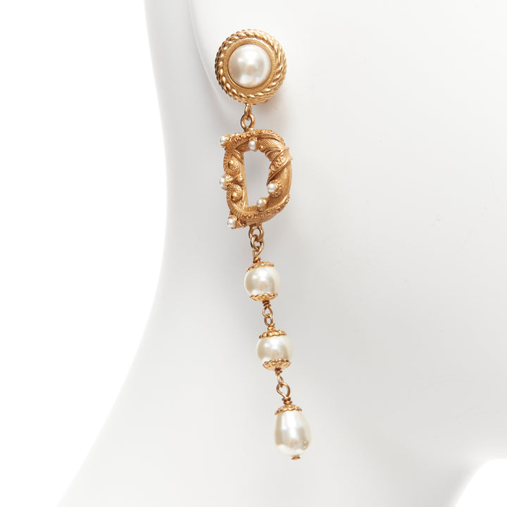 rare DOLCE GABBANA gold tone DG logo baroque pearl tiered drop clip earrings