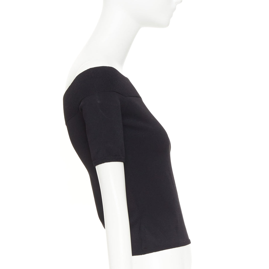 ALEXANDER MCQUEEN black off shoulder ribbed knit half sleeves cropped sweater