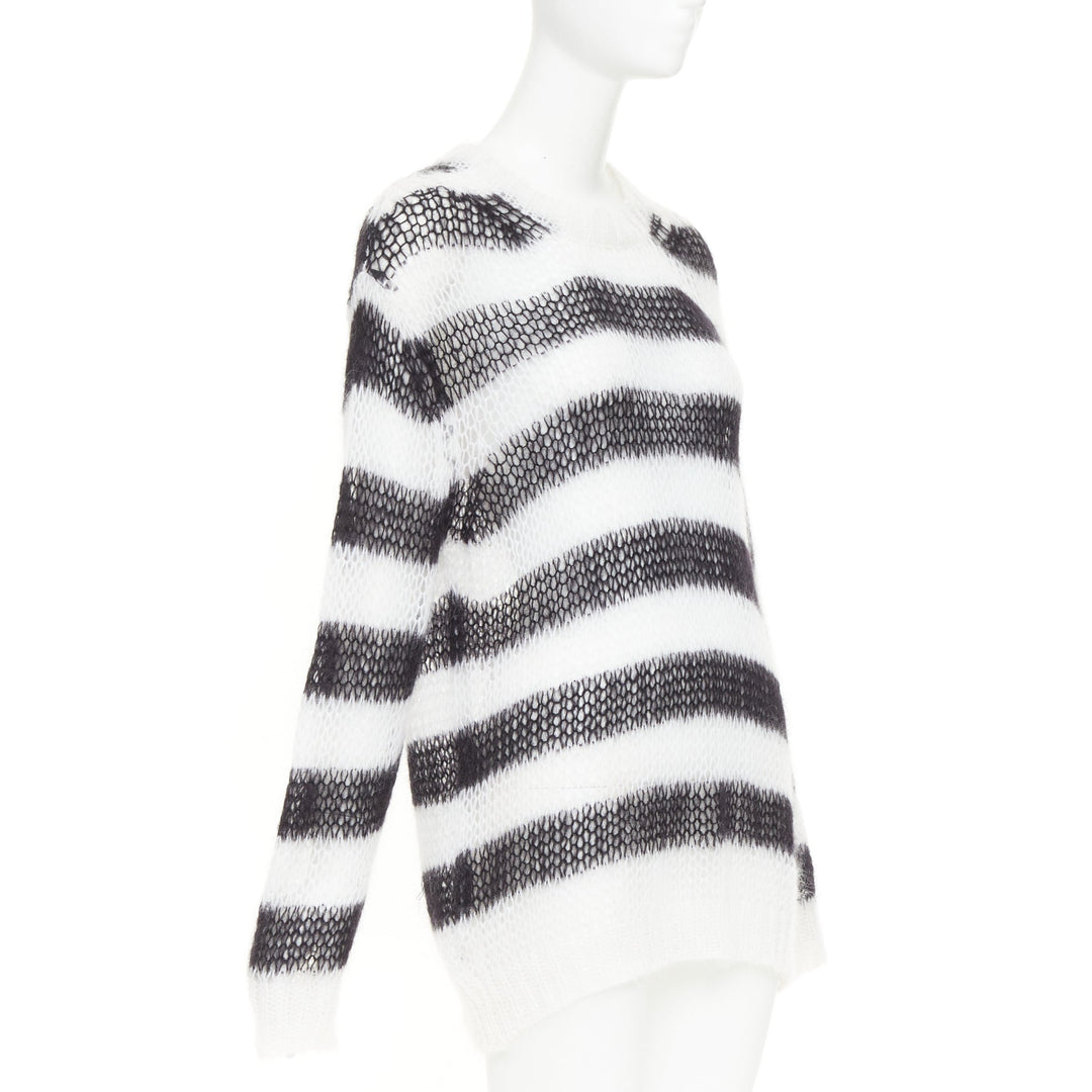 DIOR 2019 black white open knit mohair striped oversized sweater FR40 L