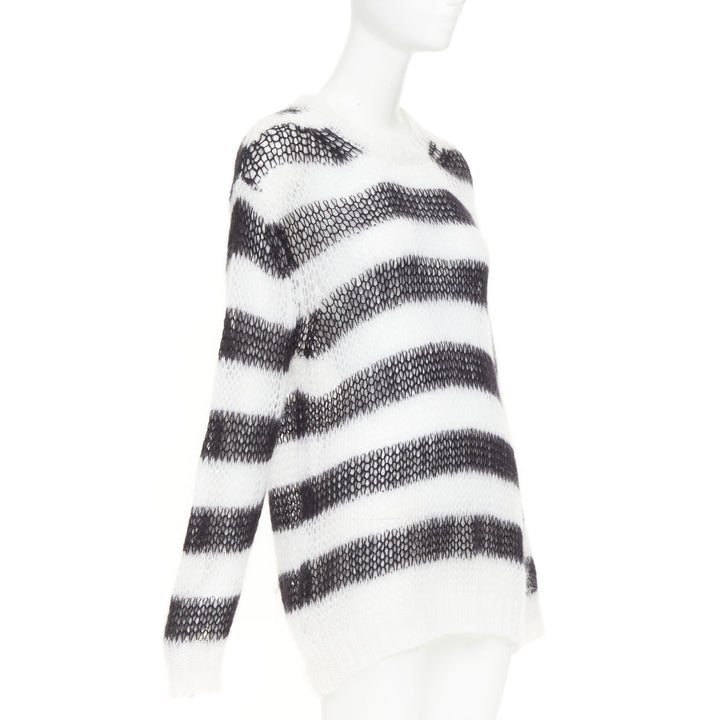 DIOR 2019 black white open knit mohair striped oversized sweater FR40 L