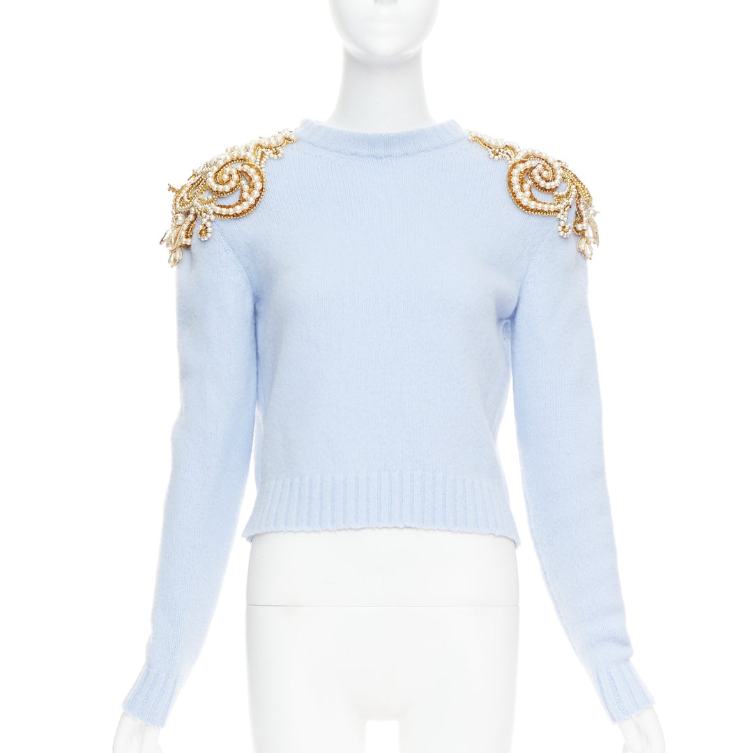 BALMAIN powder blue wool cashmere gold pearl embellished sweater FR36 S