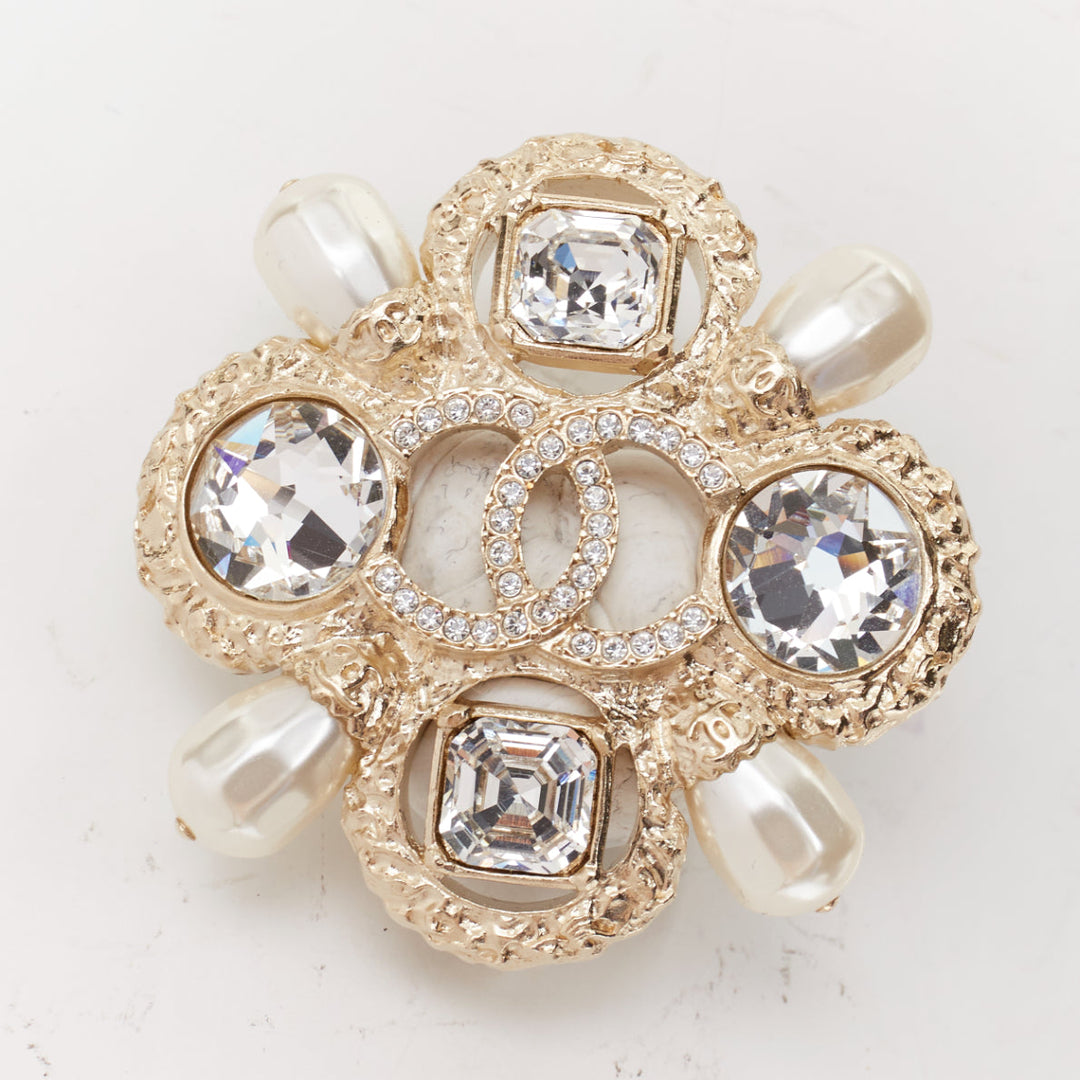 CHANEL F22C champagne gold tone CC logo crystal pearl quadrant cluster brooch