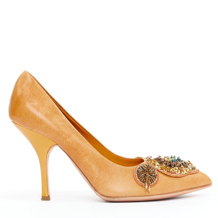 MIU MIU Vintage tan nude bead embellished kitten pumps EU36.5