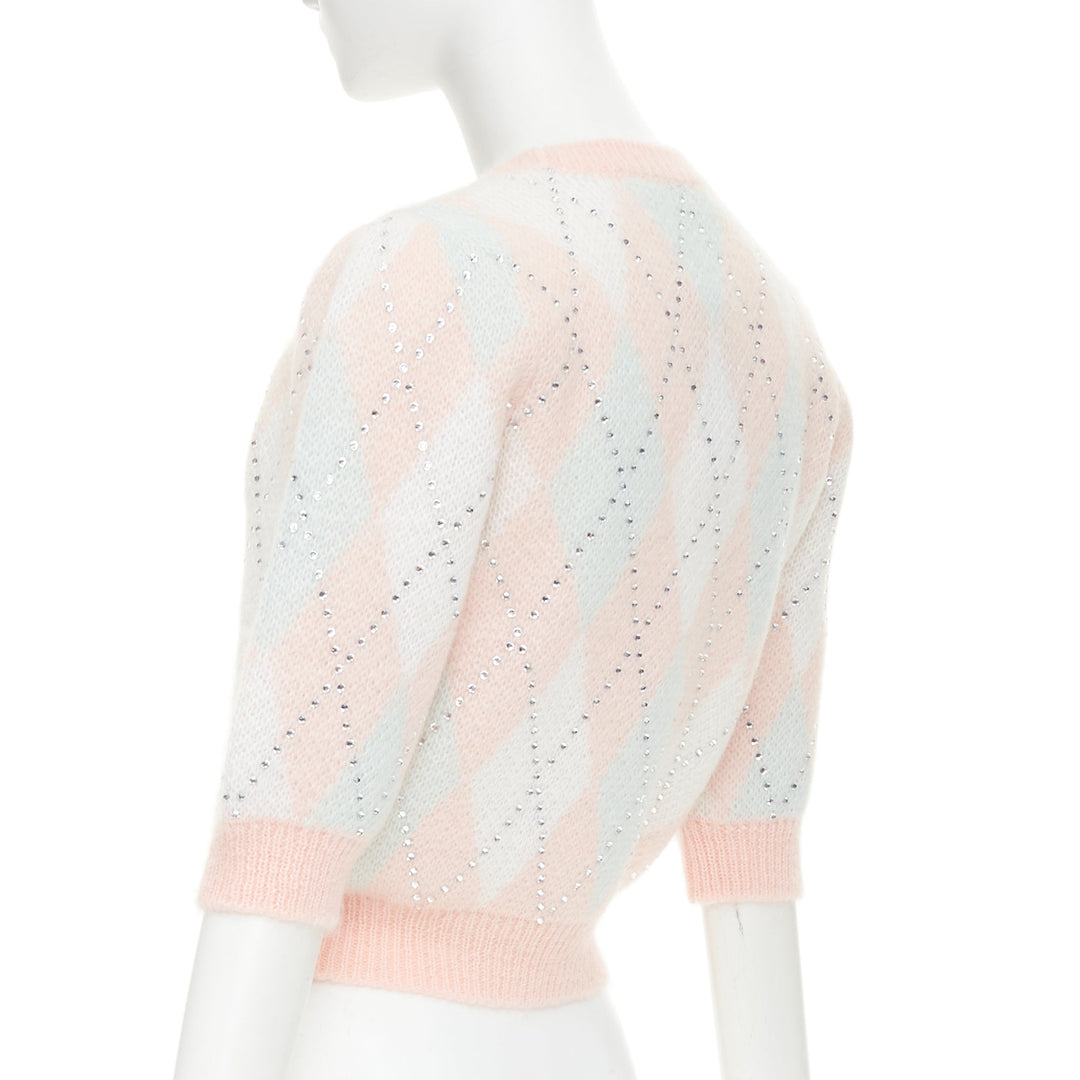 ALESSANDRA RICH Crystal pink argyle checked mohair blend top IT38 XS