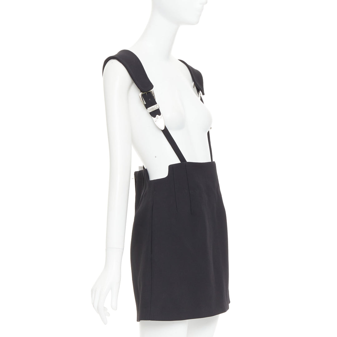 TOGA ARCHIVES Twill black leather western silver buckles suspender skirt FR36 S